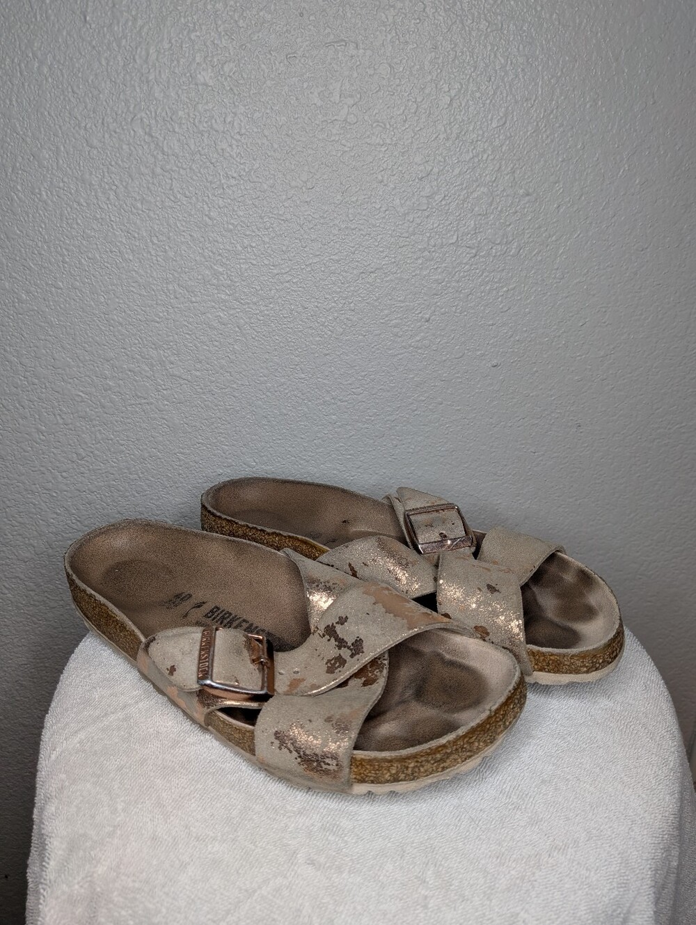 Birkenstock Women Siena Big Buckle Metallic Rose Gold Slide Sandals 9 Narrow